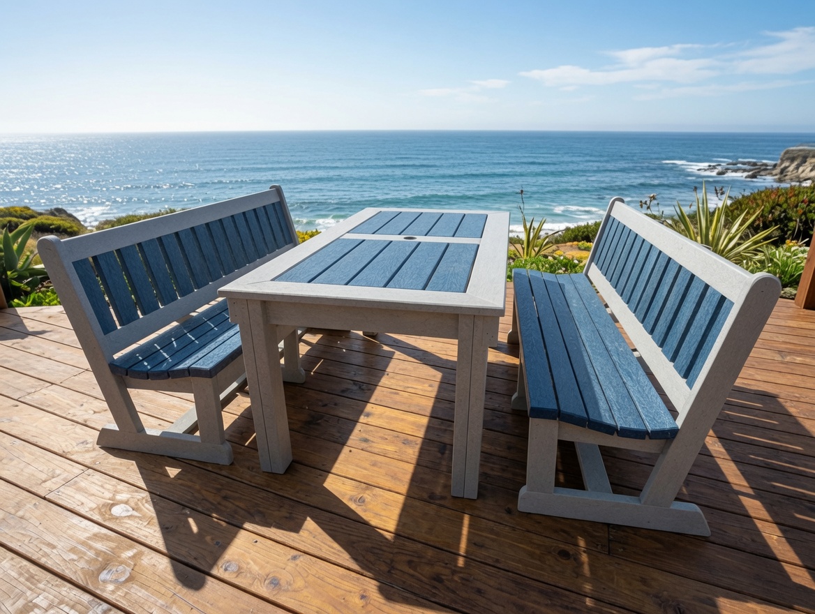 Primwood recycled plastic outdoor dining table and benches overlooking the ocean